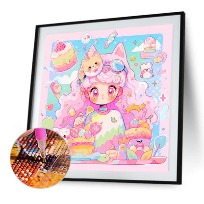 Pink-Haired Girl With Cat Ears And Dessert - Full AB Round Drill Diamond Painting 40*40CM