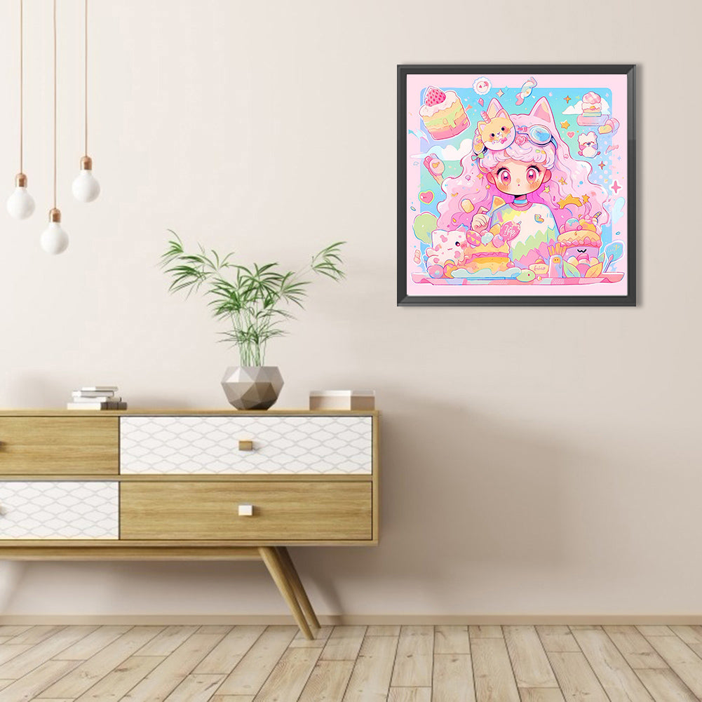 Pink-Haired Girl With Cat Ears And Dessert - Full AB Round Drill Diamond Painting 40*40CM