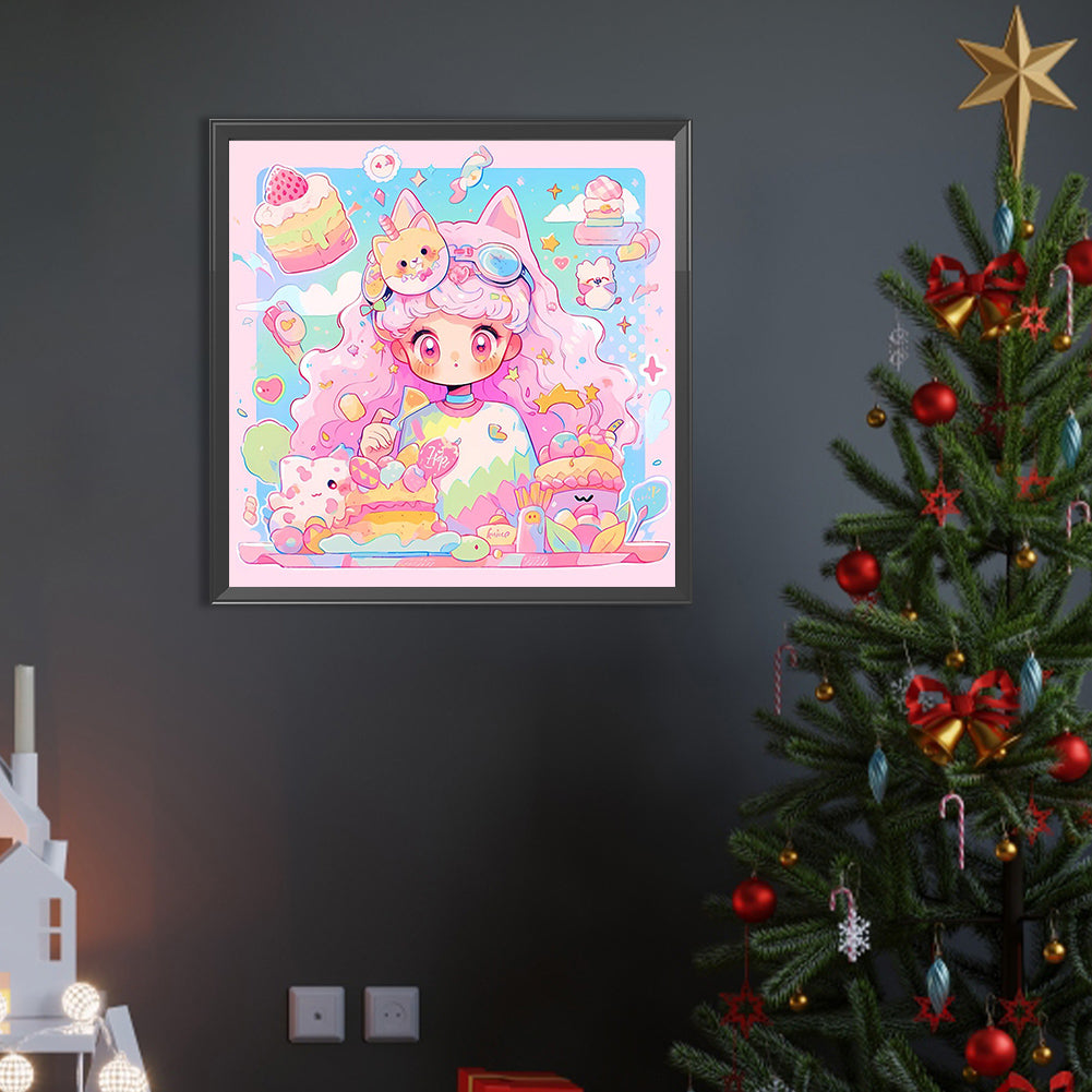 Pink-Haired Girl With Cat Ears And Dessert - Full AB Round Drill Diamond Painting 40*40CM
