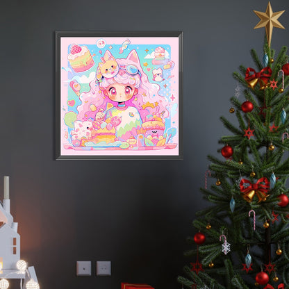 Pink-Haired Girl With Cat Ears And Dessert - Full AB Round Drill Diamond Painting 40*40CM