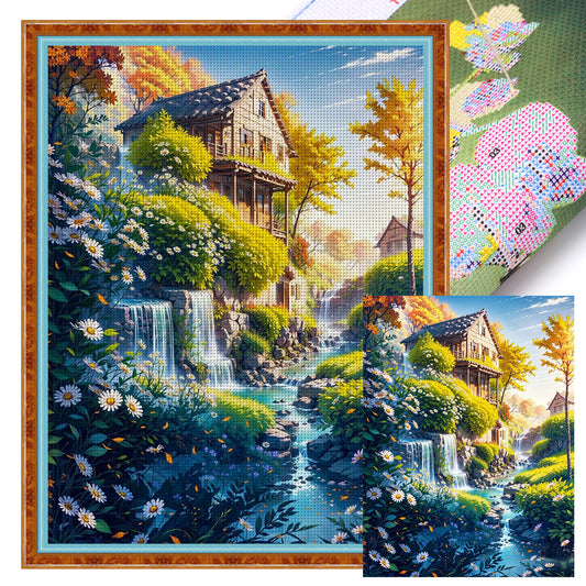 Landscape And Flower House - 14CT Stamped Cross Stitch 50*65CM