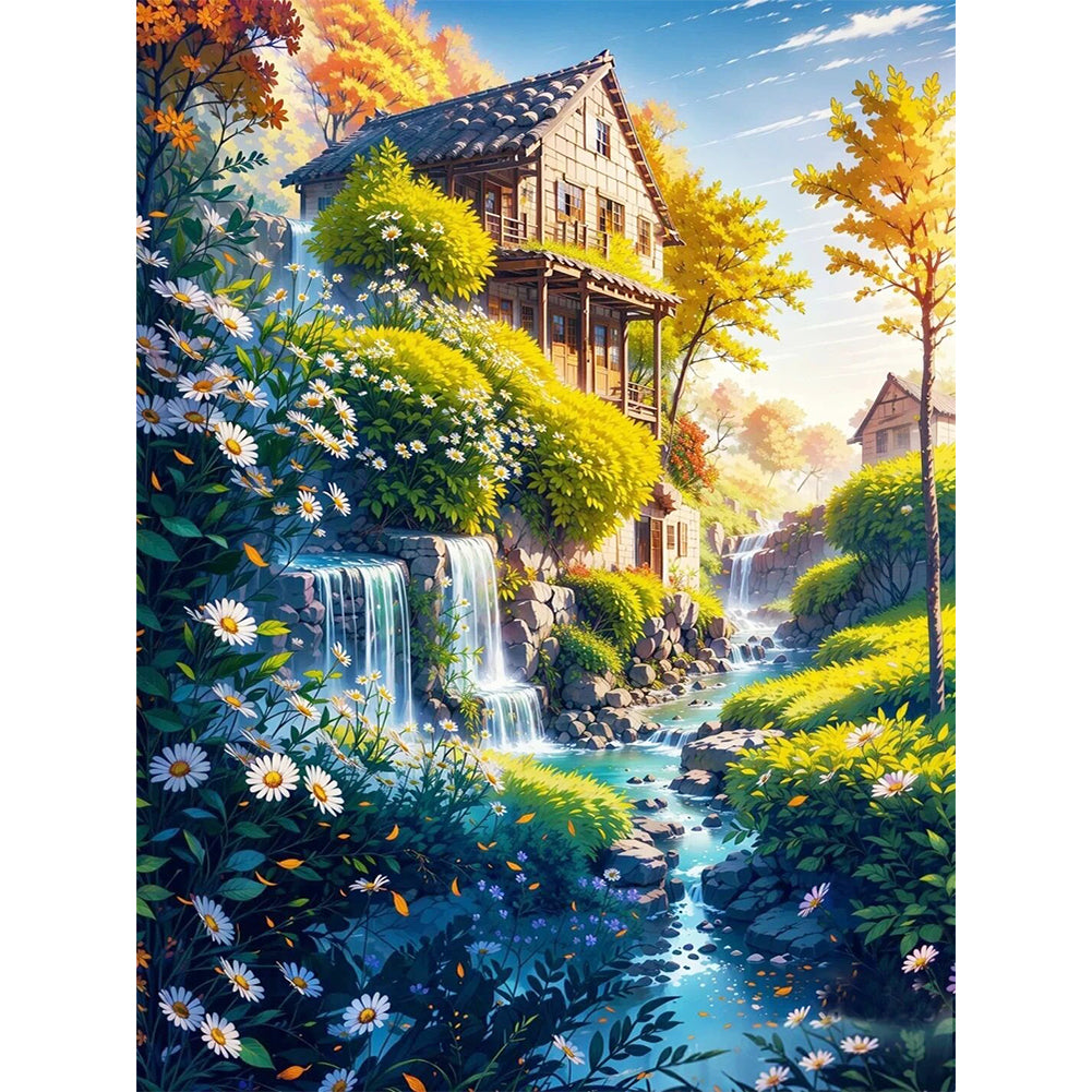 Landscape And Flower House - 14CT Stamped Cross Stitch 50*65CM