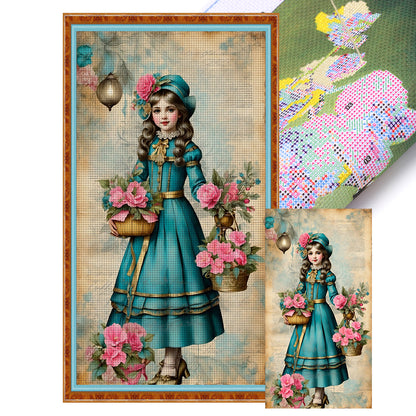 Retro Poster - Girl And Flowers - 14CT Stamped Cross Stitch 40*70CM