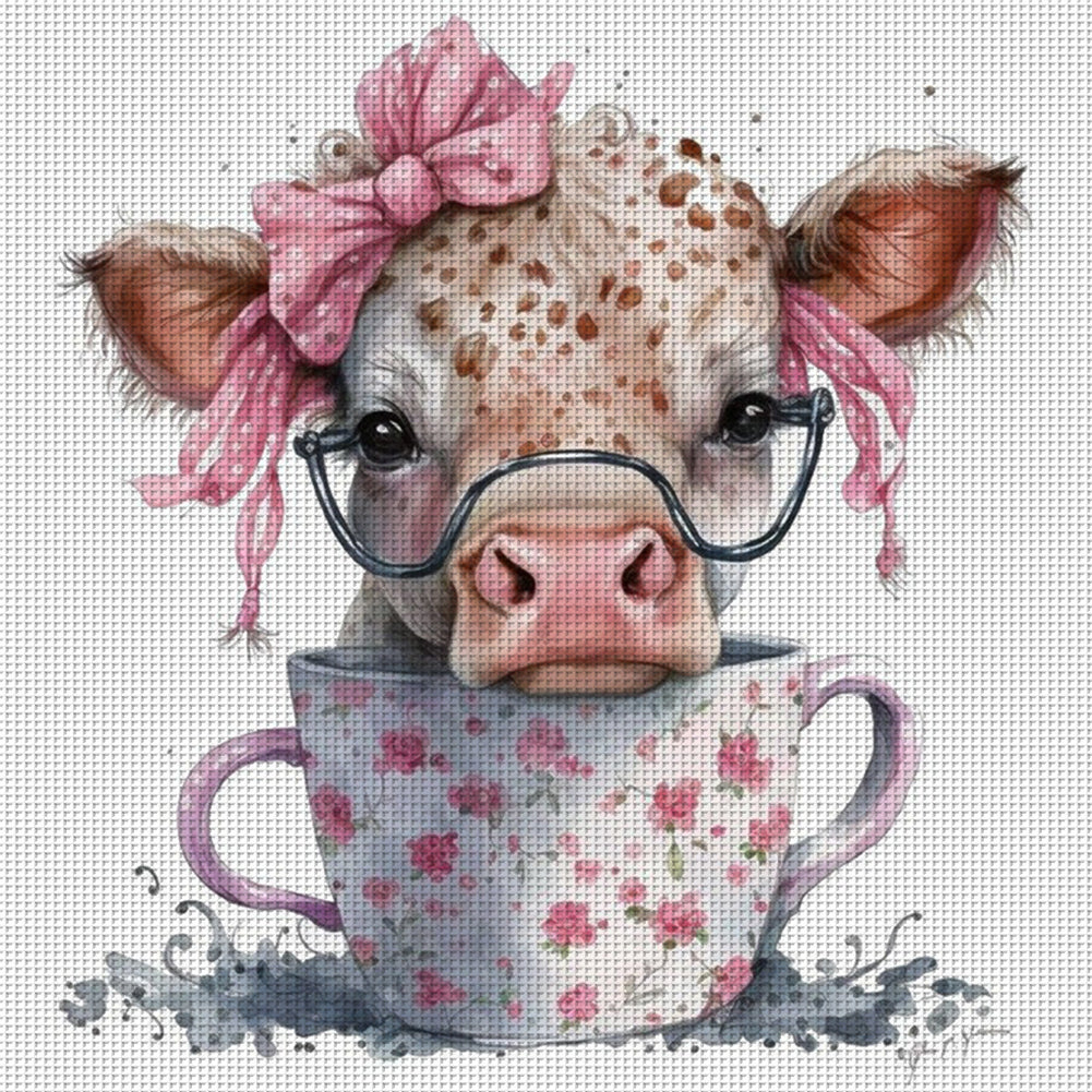 Cow On Teacup - 11CT Counted Cross Stitch 40*40CM