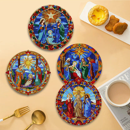 4 PCS Wooden Diamond Painted Placemats Round Placemat with Holder (Jesus Faith)