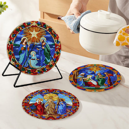 4 PCS Wooden Diamond Painted Placemats Round Placemat with Holder (Jesus Faith)