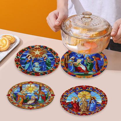 4 PCS Wooden Diamond Painted Placemats Round Placemat with Holder (Jesus Faith)