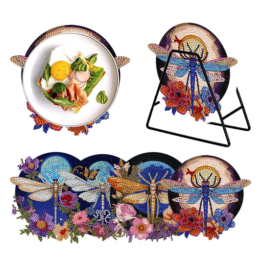 4 PCS Wooden Diamond Painted Placemats Round Placemat with Holder (Dragonfly)