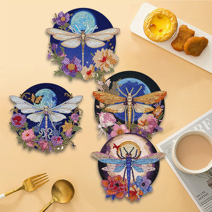 4 PCS Wooden Diamond Painted Placemats Round Placemat with Holder (Dragonfly)