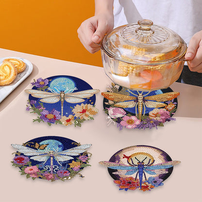 4 PCS Wooden Diamond Painted Placemats Round Placemat with Holder (Dragonfly)