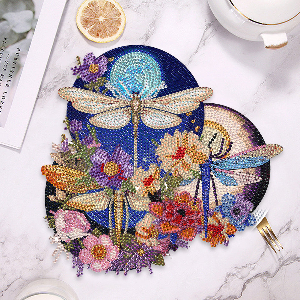 4 PCS Wooden Diamond Painted Placemats Round Placemat with Holder (Dragonfly)