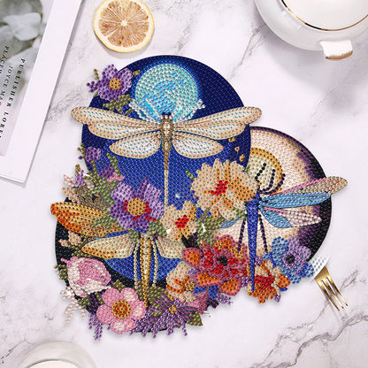 4 PCS Wooden Diamond Painted Placemats Round Placemat with Holder (Dragonfly)