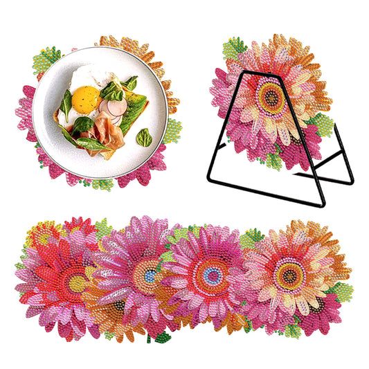 4 PCS Wooden Diamond Painted Placemats Round Placemat with Holder (Flower)