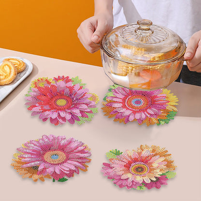 4 PCS Wooden Diamond Painted Placemats Round Placemat with Holder (Flower)