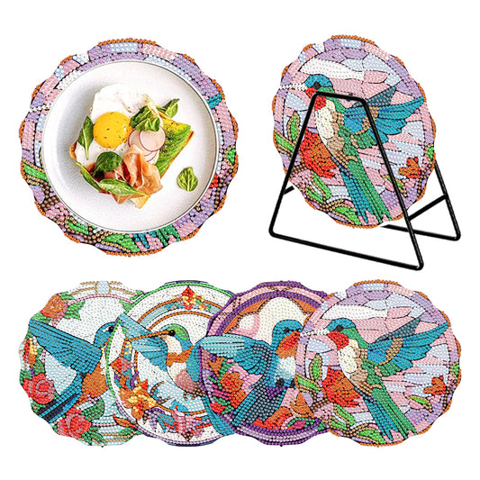 4 PCS Wooden Diamond Painted Placemats Round Placemat with Holder (Hummingbird)