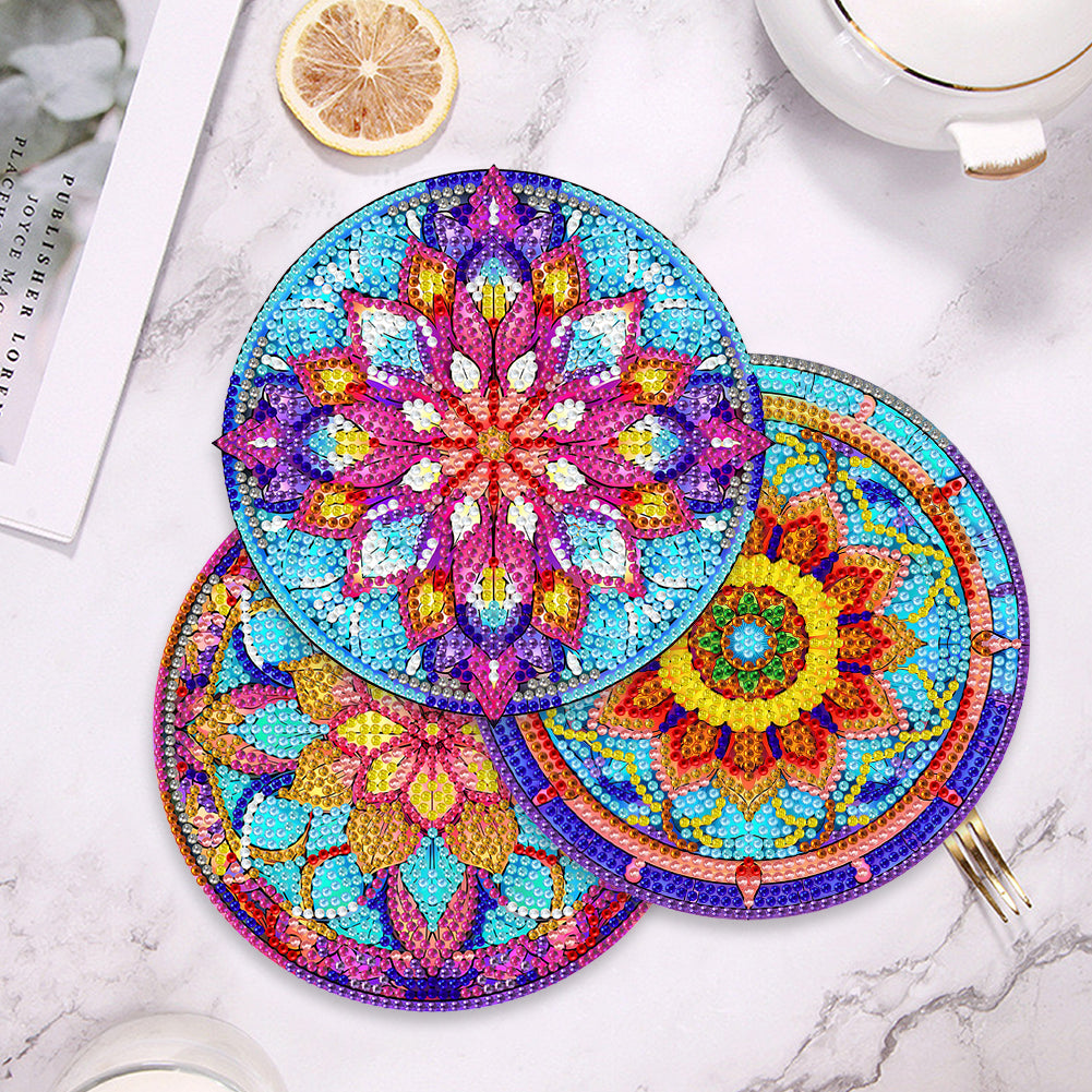4 PCS Wooden Diamond Painted Placemats Round Placemat with Holder (Mandala)