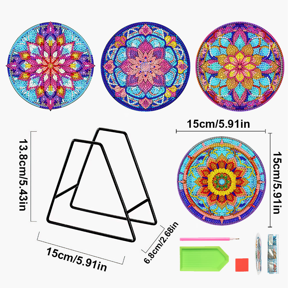 4 PCS Wooden Diamond Painted Placemats Round Placemat with Holder (Mandala)