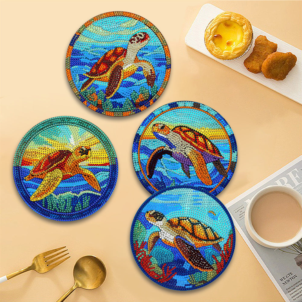 4 PCS Wooden Diamond Painted Placemats Round Placemat with Holder (Sea Turtle)