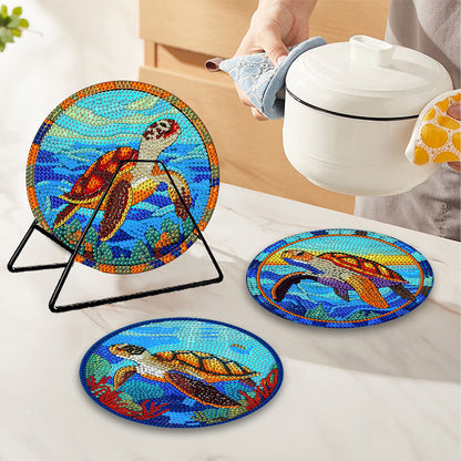 4 PCS Wooden Diamond Painted Placemats Round Placemat with Holder (Sea Turtle)