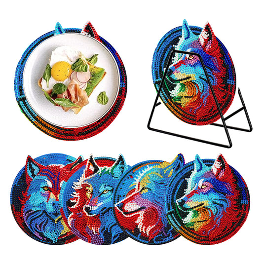 4 PCS Wooden Diamond Painted Placemats Round Placemat with Holder (Wolf)