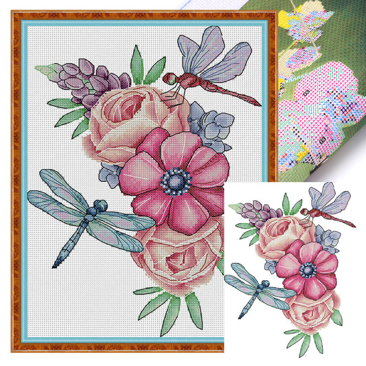 Dragonfly And Flowers - 14CT Stamped Cross Stitch 22*31CM(Joy Sunday)