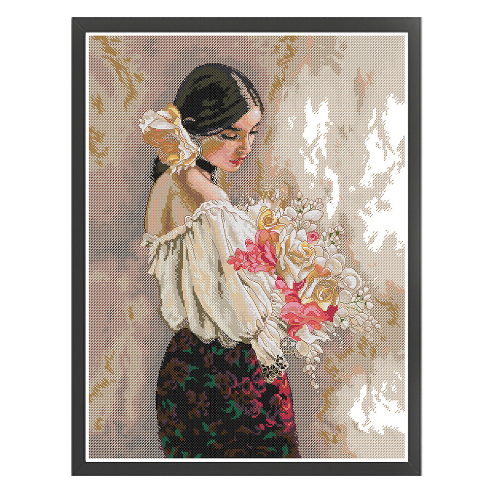 Girl Holding Flowers - 14CT Stamped Cross Stitch 44*57CM(Joy Sunday)