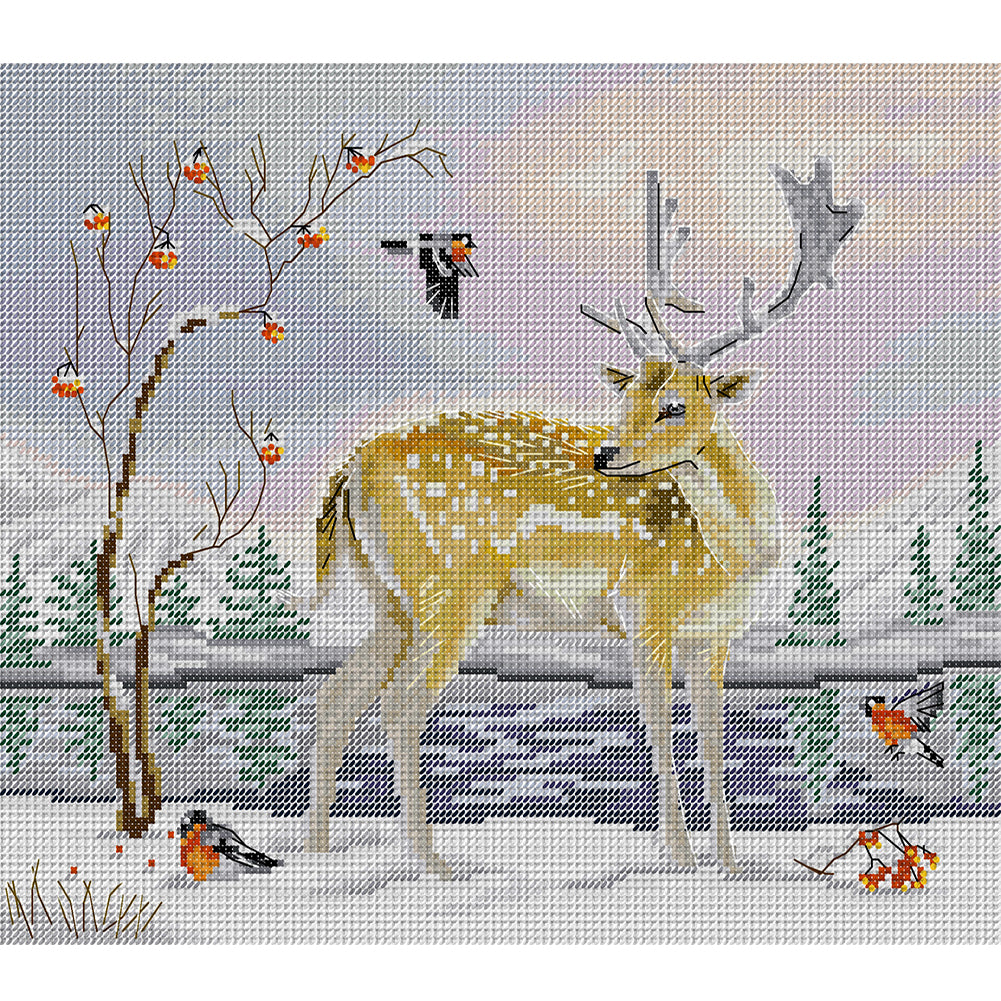 Deer And Bird - 14CT Stamped Cross Stitch 35*30CM(Joy Sunday)