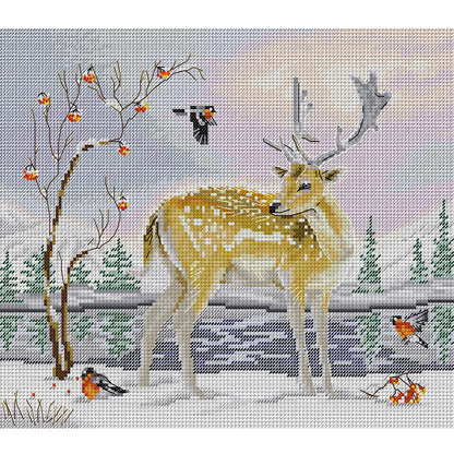 Deer And Bird - 14CT Stamped Cross Stitch 35*30CM(Joy Sunday)