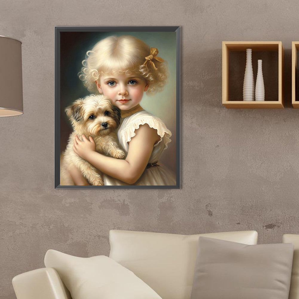 Cute Pet And Little Girl - Full Square Drill Diamond Painting 30*40CM