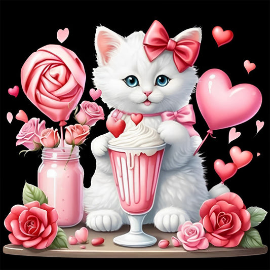 Valentine Love White Cat - Full Round Drill Diamond Painting 30*30CM