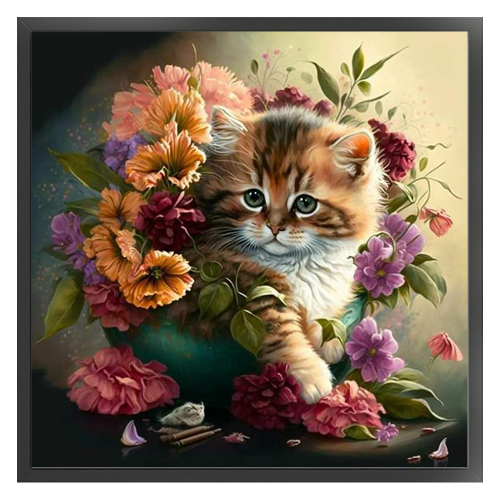 Flowers And Cat - 11CT Stamped Cross Stitch 40*40CM