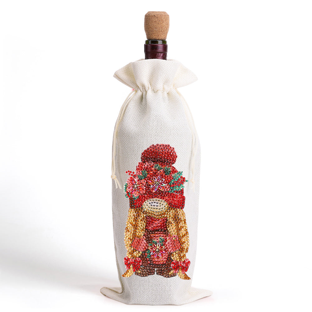 Diamond Painting Burlap Wine Gift Bags Label Liquor Bottle Covers (Gnome)