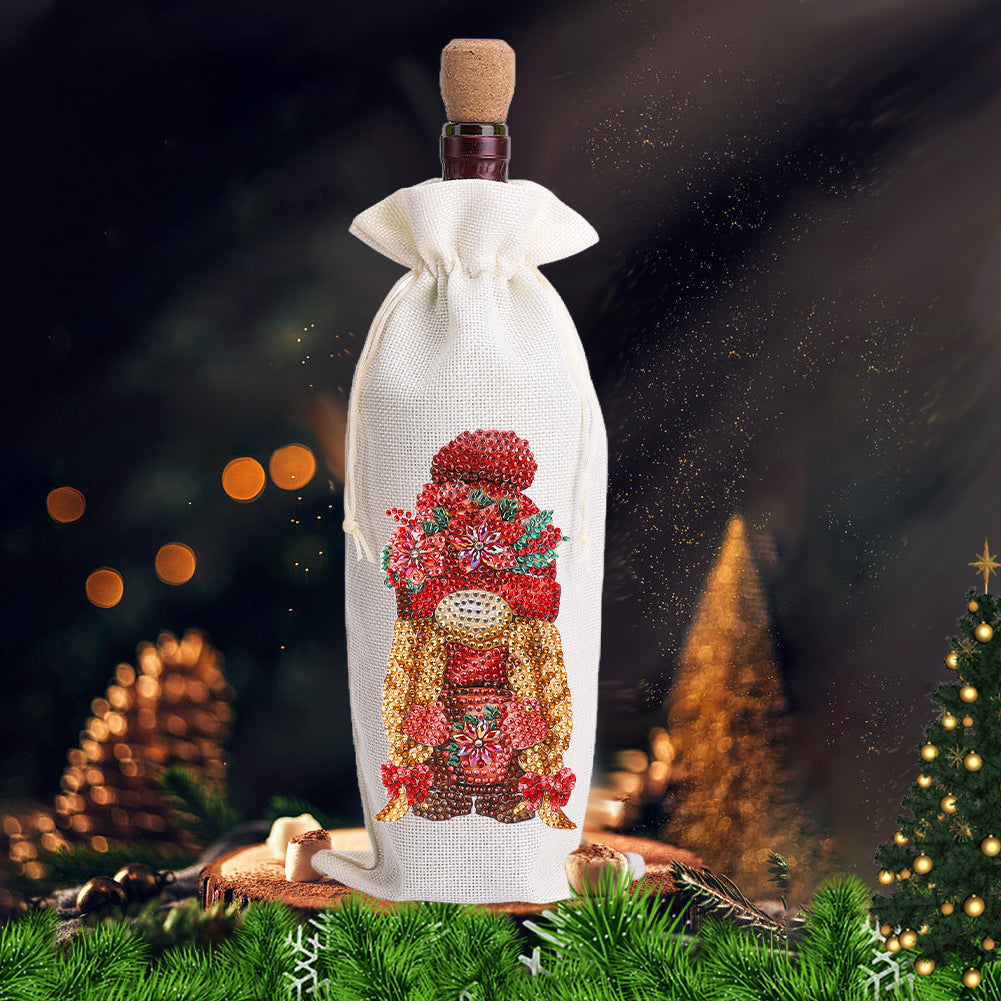 Diamond Painting Burlap Wine Gift Bags Label Liquor Bottle Covers (Gnome)