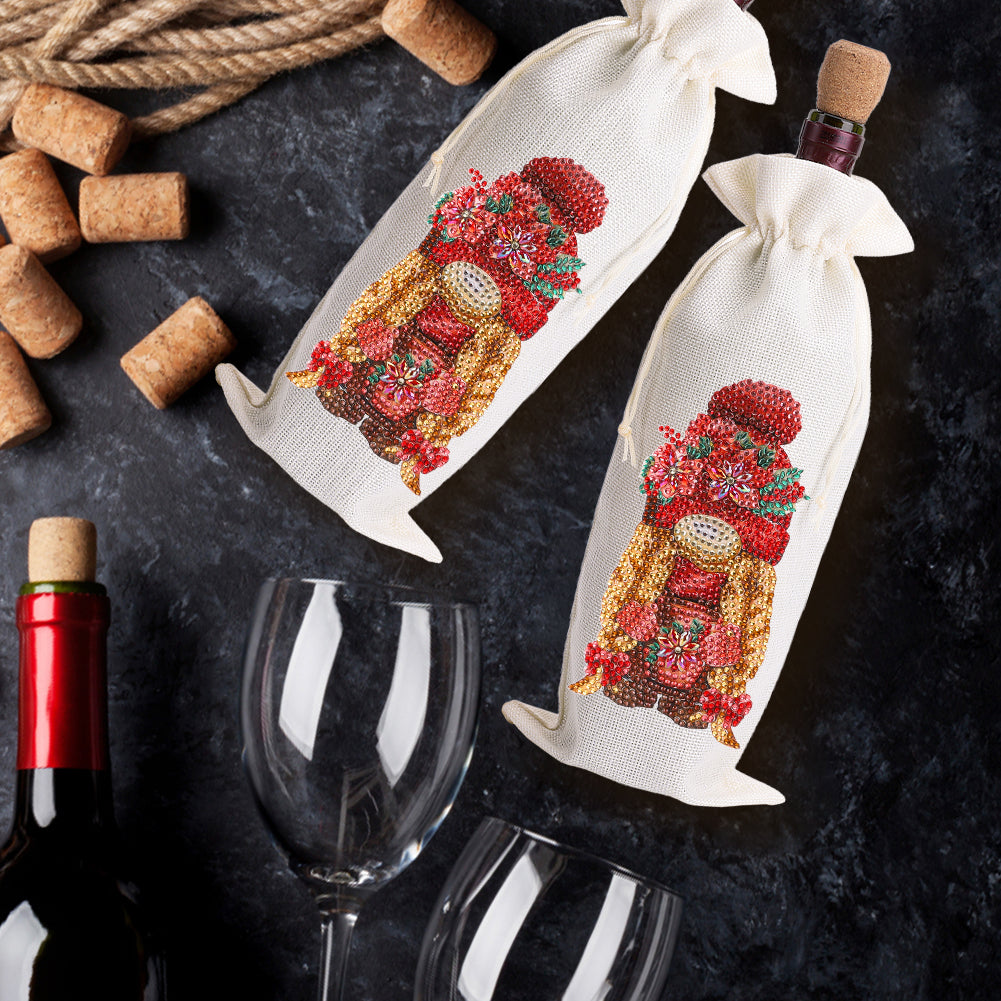 Diamond Painting Burlap Wine Gift Bags Label Liquor Bottle Covers (Gnome)