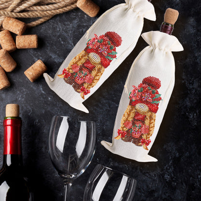 Diamond Painting Burlap Wine Gift Bags Label Liquor Bottle Covers (Gnome)