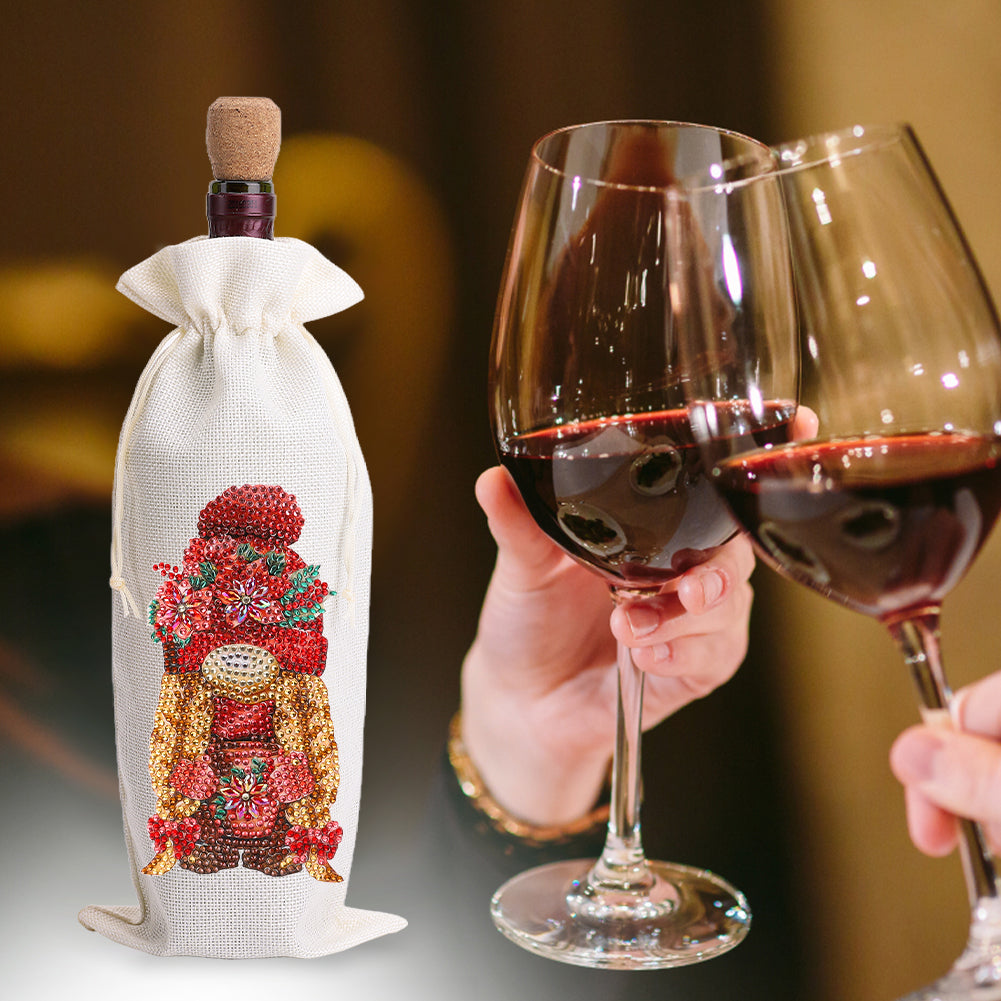 Diamond Painting Burlap Wine Gift Bags Label Liquor Bottle Covers (Gnome)
