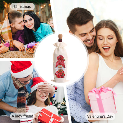 Diamond Painting Burlap Wine Gift Bags Label Liquor Bottle Covers (Gnome)