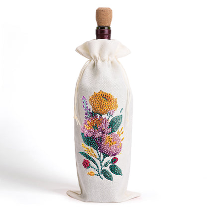 Diamond Painting Burlap Wine Gift Bags Label Liquor Bottle Covers (Flower)