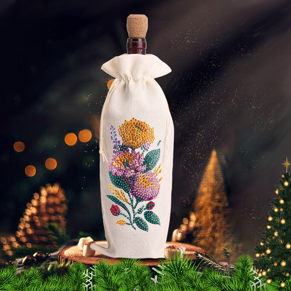 Diamond Painting Burlap Wine Gift Bags Label Liquor Bottle Covers (Flower)