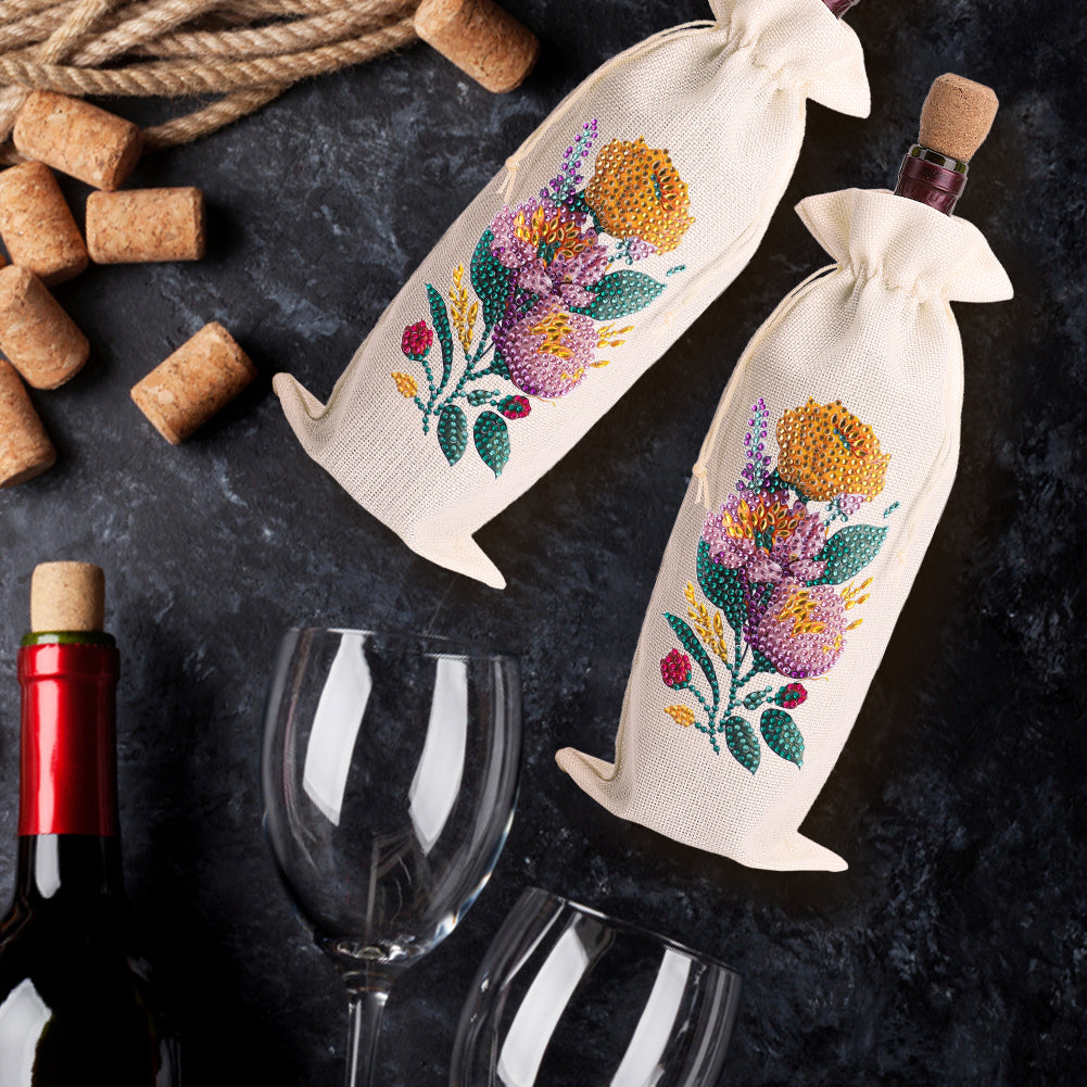 Diamond Painting Burlap Wine Gift Bags Label Liquor Bottle Covers (Flower)