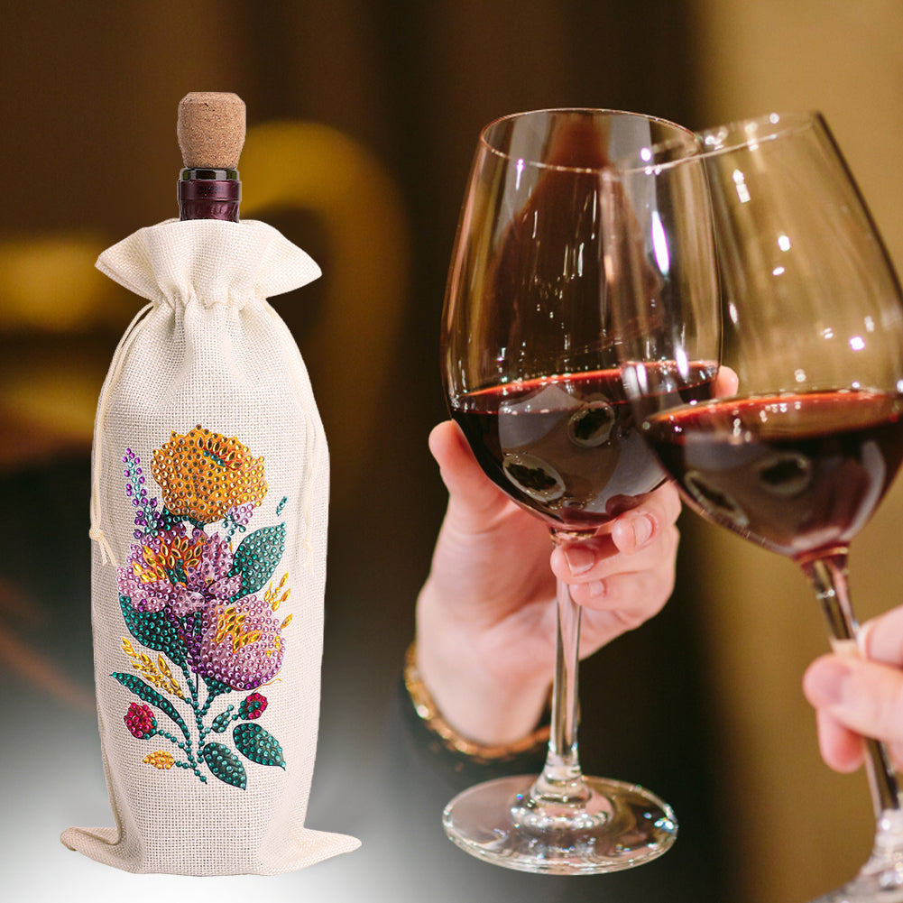 Diamond Painting Burlap Wine Gift Bags Label Liquor Bottle Covers (Flower)