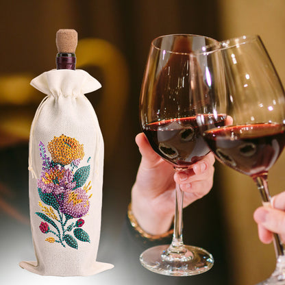 Diamond Painting Burlap Wine Gift Bags Label Liquor Bottle Covers (Flower)