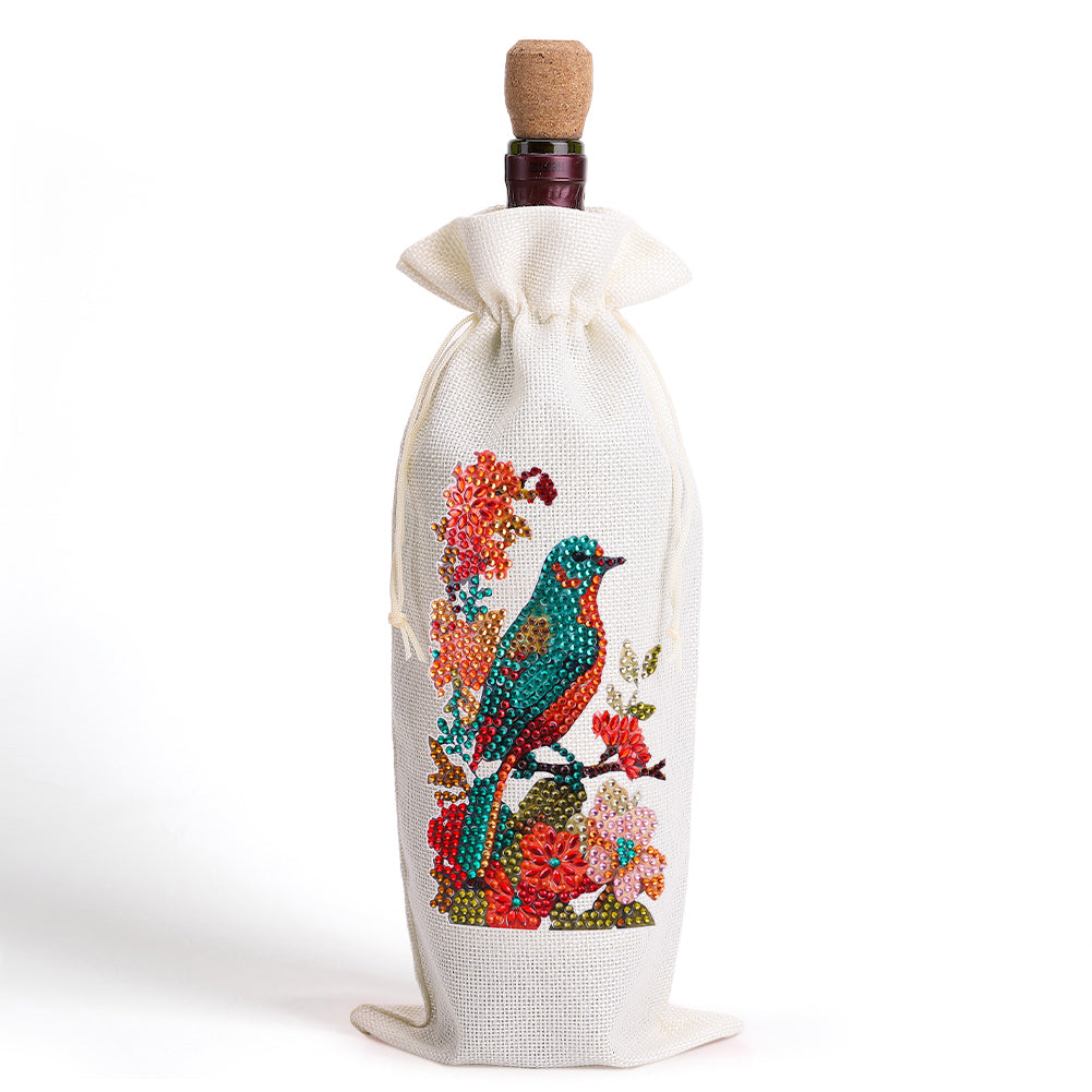 Diamond Painting Burlap Wine Gift Bags Label Liquor Bottle Covers (Bird)