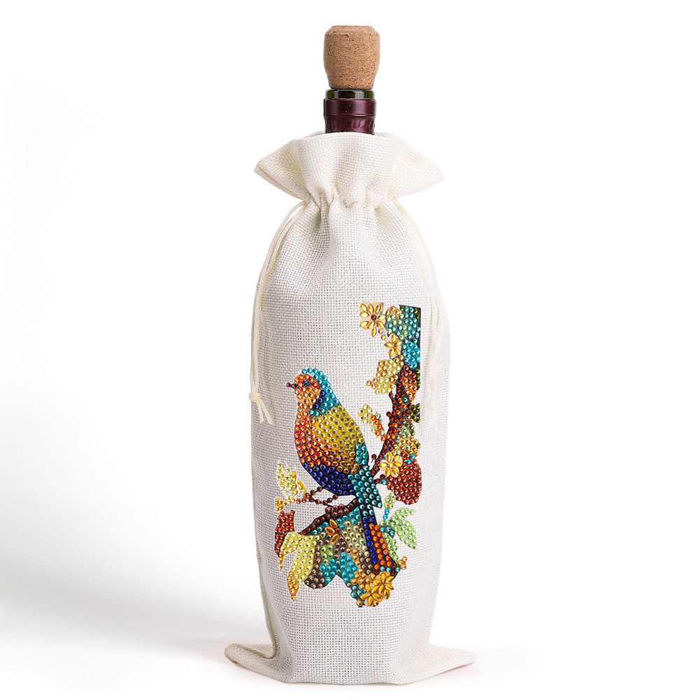 Diamond Painting Burlap Wine Gift Bags Label Liquor Bottle Covers (Bird)