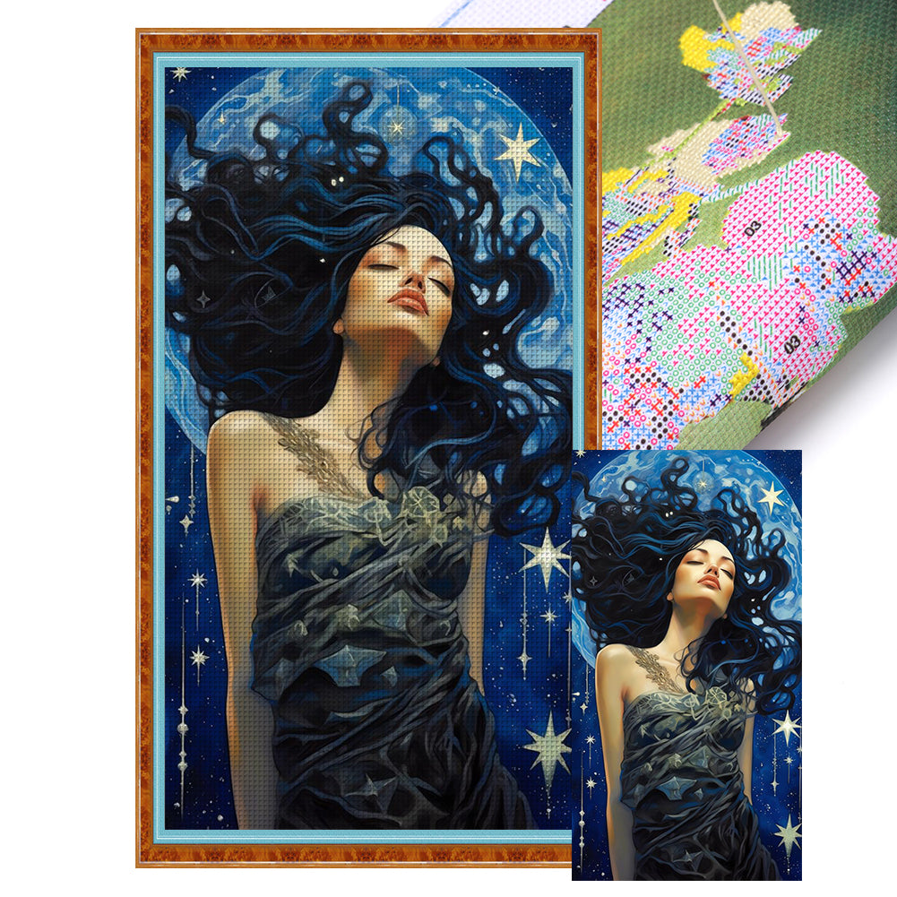 Starry Blue Haired Woman - 11CT Stamped Cross Stitch 40*70CM