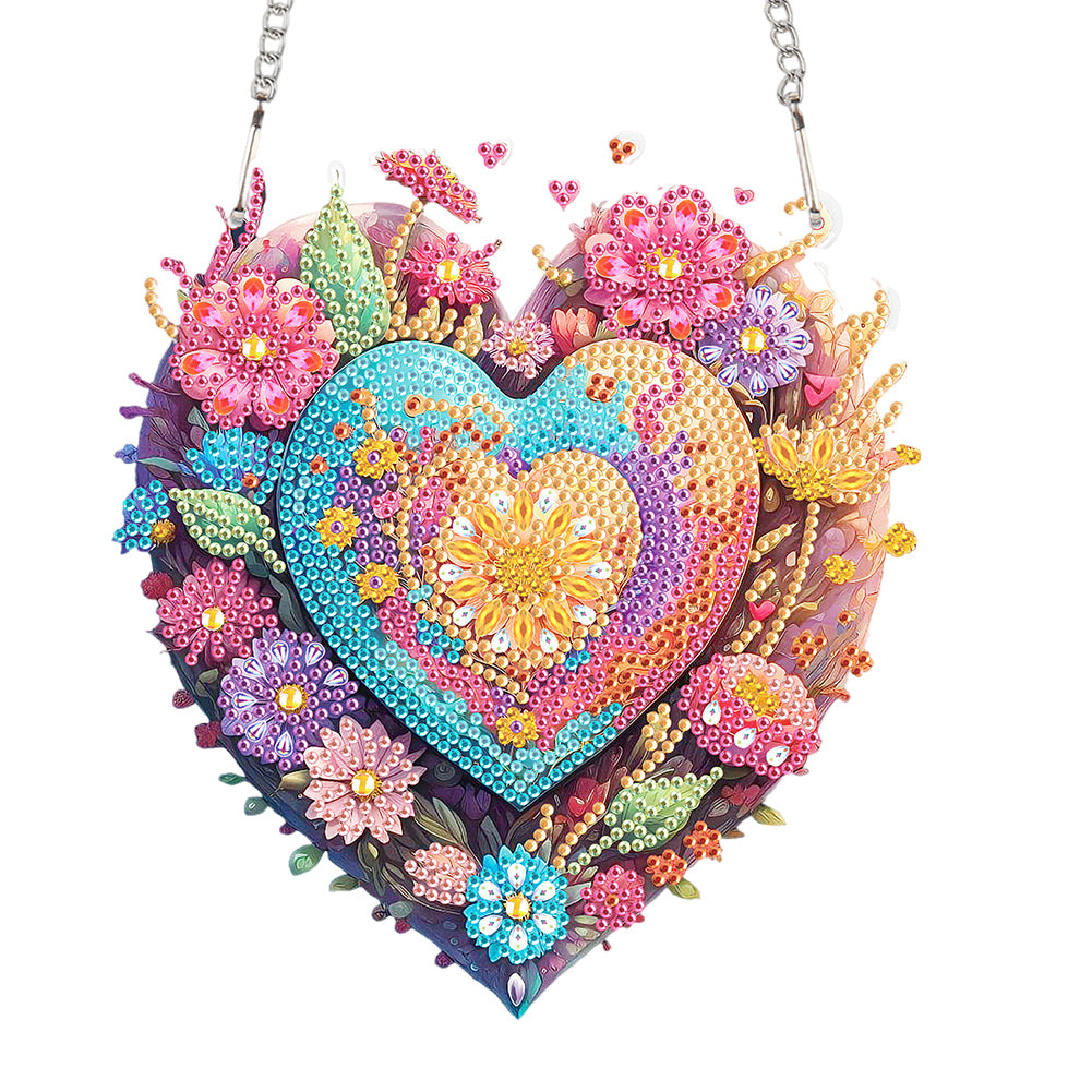 Acrylic Single-Sided 5D DIY Diamond Painting Hanging Pendant (Heart and Flowers)