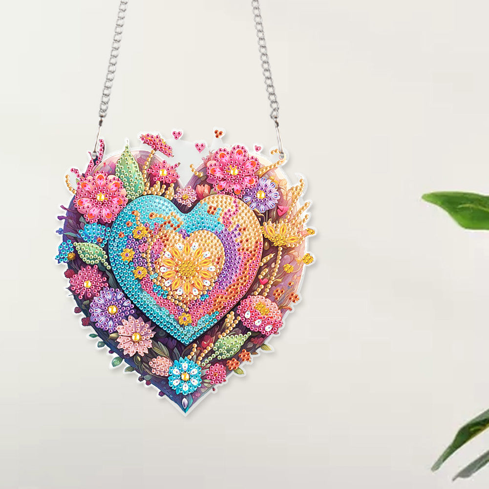 Acrylic Single-Sided 5D DIY Diamond Painting Hanging Pendant (Heart and Flowers)