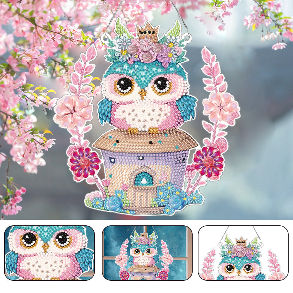 Acrylic Single-Sided 5D DIY Diamond Painting Hanging Pendant (Owl on the House)