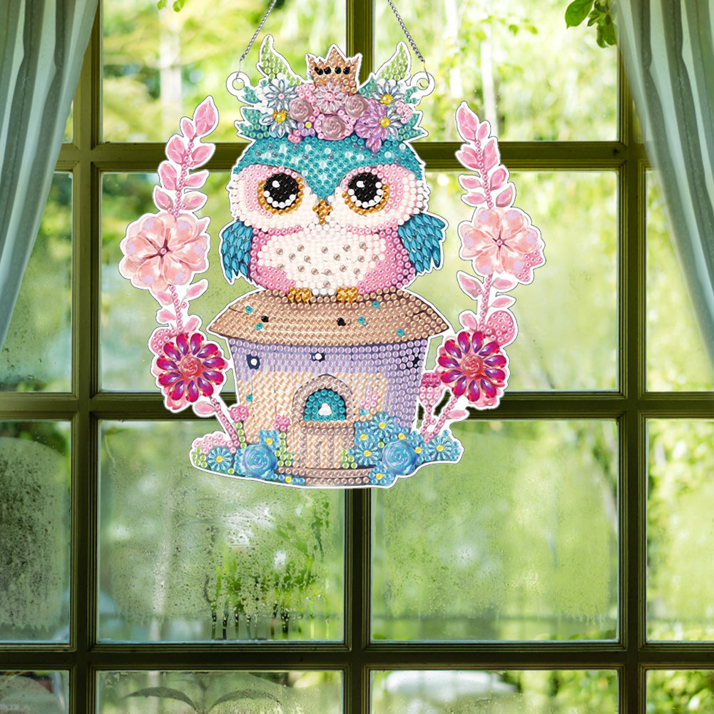 Acrylic Single-Sided 5D DIY Diamond Painting Hanging Pendant (Owl on the House)