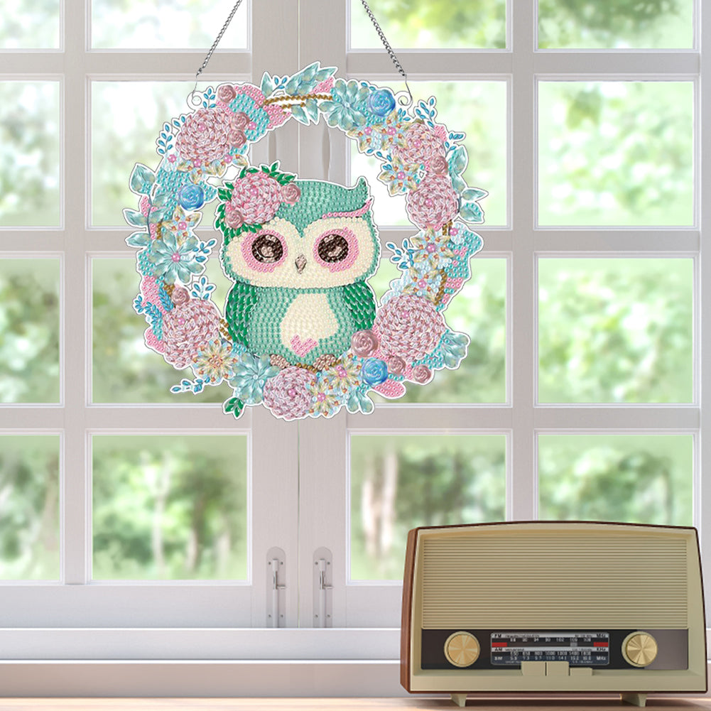 Acrylic Single-Sided 5D DIY Diamond Painting Hanging Pendant (Wreath Owl)